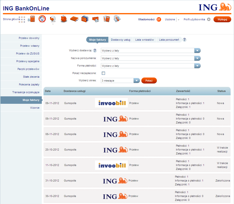 Moje faktury W opcji Moje faktury prezentowane są dostarczone od Dostawców przesyłki zawierające: listę płatności (żądanie płatności do akceptacji lub odrzucenia), informację od dostawcy nt.