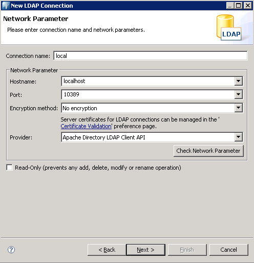 Rys. 1. Ustawienia parametrów w części Netwrk Parameter, w knie New LDAP Cnnectin. Wybierz przycisk Check Netwrk Parameter. Pwinieneś trzymać wiadmść pmyślnie ustawinym płączeniu.
