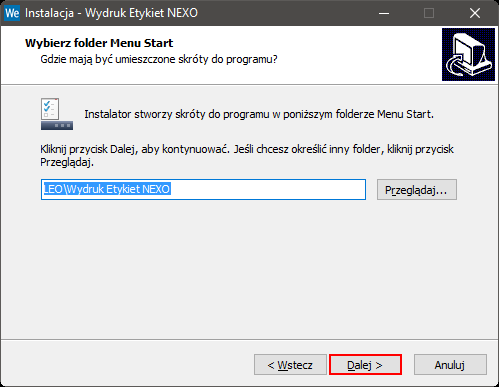 W oknie kreatora pojawi się możliwość wybrania folderu w którym ma zostać zainstalowany program. Domyślnie jest to C:\Program Files (x86)\leo\wydruk etykiet NEXO.
