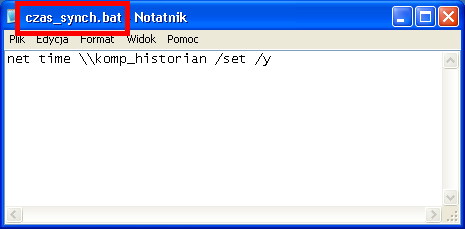 Definicja pliku z poleceniem synchronizacji czasu W celu przygotowania pliku zostanie wykorzystany program Notatnik, który jako edytor tekstu instaluje się wraz z systemem operacyjnym Windows.