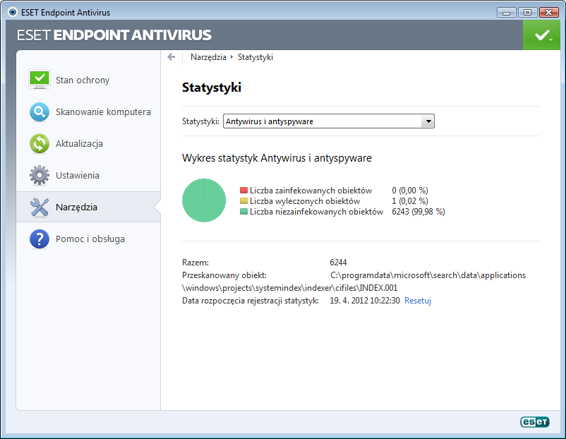 4.4.3 Statystyki ochrony Aby wyświetlić wykres danych statystycznych dotyczących modułów ochrony programu ESET Endpoint Antivirus, należy kliknąć opcję Narzędzia > Statystyki ochrony.