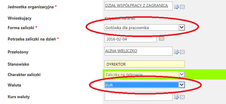 Opcja odbioru gotówki w walucie w kasie uczelni UWAGA:Odbiór zaliczki w kasie uczelni, w walucie obcej możliwa jest dopiero po 7 dniach od złożenia