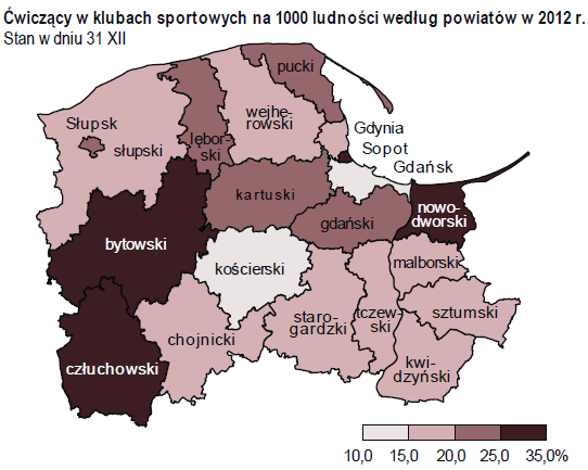 Źródło: Urząd Statystyczny w Gdańsku Porównując ilość osób ćwiczących do ogólnej liczby mieszkańców województwa pomorskiego odnotowano, że największy odsetek ćwiczących odnotowano w Gdańsku (15,5%