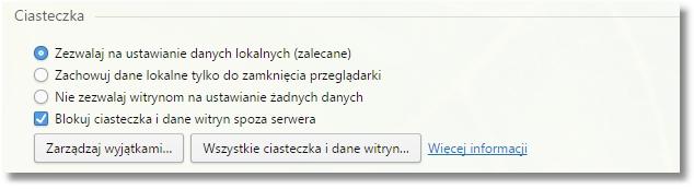 W sekcji Hasła należy odznaczyć opcję Proponuj zapamiętywanie haseł wpisywanych na stronach WWW. W sekcji Ciasteczka należy zaznaczyć opcję Blokuj ciasteczka i dane witryn spoza serwera.