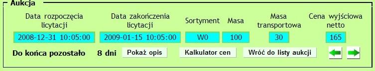 29) umieszczone są informacje dotyczące czasu aukcji i licytowanego drewna: Data i czas rozpoczęcia i zakończenia licytacji, Poniżej widoczny jest czas pozostały do końca licytacji standardowo