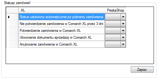 5.3. Synchronizacja statusów zamówień W pierwszej kolejności z listy rozwijanej należy wybrać status zamówienia, które będzie importowane do XL a.