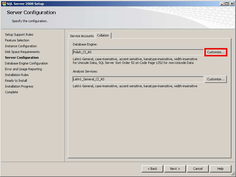 W oknie Server Configuration, należy przejść do zakładki Collation i przy polu Database Engine nacisnąć przycisk Customize.