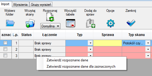 Do tabeli skanów zostało dodane menu kontekstowe : Rysunek 6 Menu kontekstowe tabeli skanów Jeżeli opcja automatycznego zatwierdzania danych jest wyłączona po wykonaniu rozpoznawania danych trzeba