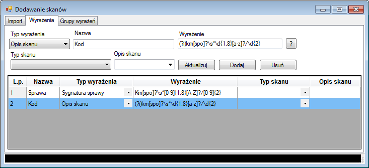 Rysunek 1 Zakładka Wyrażenia Typ wyrażenia sposób w jaki wyszukane dane mają być interpretowane: Sygnatura sprawy dane interpretowane jako sygnatura sprawy; Opis skanu dane interpretowane jako opis