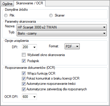 niezaznaczona czynność trzeba będzie wykonać z poziomu menu kontekstowego; OCR DPI jakość z jaką zostaną zeskanowane dokumenty dla funkcji rozpoznawania treści (OCR).