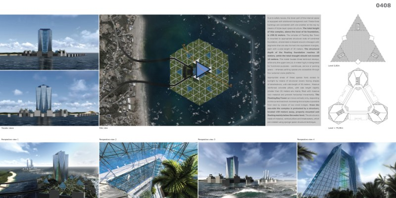 MECHANIK 7/2015 3. OPIS KONCEPCJI ORAZ MODEL NUMERYCZNY FLOATING BAY TOWER Drugi projekt przygotowany na ten sam konkurs ma nazwę Floating Bay Tower i jego dwie plansze są pokazane na rys.