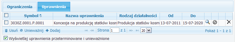 ograniczenia podmiotom w ST CEIDG Strona 16 z 26 Rysunek 21 Widok uprawnienia unieważnionego na liście uprawnień przypisanych do danej działalności gospodarczej Unieważnienie większej liczby