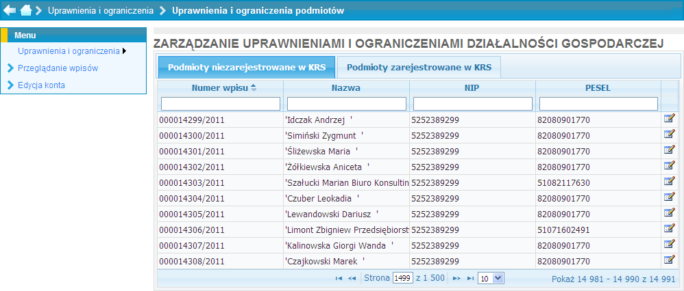 ograniczenia podmiotom w ST CEIDG Strona 8 z 26 Rysunek 7. Widok okna wyszukiwarki podmiotów w KRS 2.1.