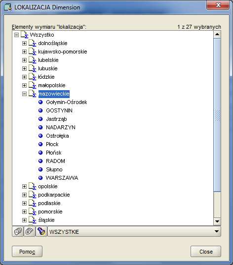 pozycję View Data LOKALIZACJA. w oknie zostaje wyświetlona hierarchia wymiaru LOKALIZACJA, zwinięta do poziomu szczytowego WSZYSTKO.