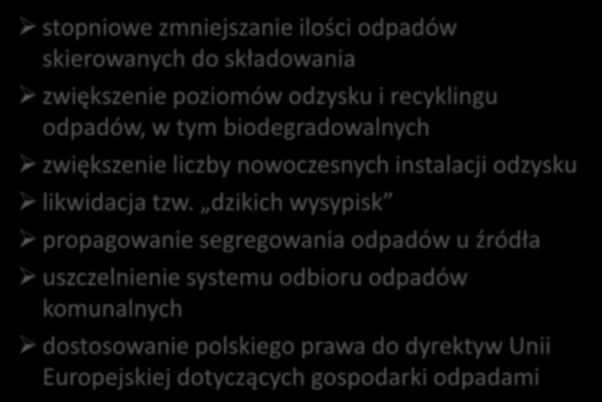 ZAŁOŻENIA NOWEGO SYSTEMU stopniowe zmniejszanie ilości odpadów skierowanych do składowania zwiększenie poziomów odzysku i recyklingu odpadów, w tym biodegradowalnych zwiększenie liczby nowoczesnych