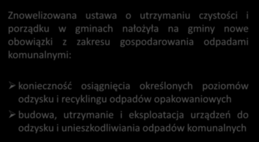 NOWE OBOWIĄZKI GMIN Znowelizowana ustawa o utrzymaniu czystości i porządku w gminach nałożyła na gminy nowe obowiązki z zakresu gospodarowania odpadami komunalnymi: