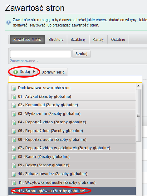 TWORZENIE NOWEJ STRONY W celu dodania nowej strony klikamy Dodaj, a następnie wybieramy z rozwijanej listy 12 Strona główna (Zasoby globalne). Przystępujemy do wypełniania pól.