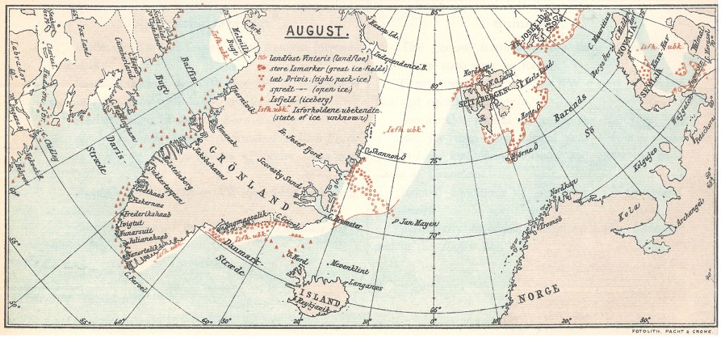 Mapa z przełomu wieków XIX i XX przedstawia niestety jedynie europejską część Arktyki. Mimo to można się z niej wiele dowiedzieć.