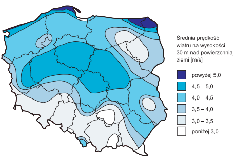 Rysunek 18 Średnia prędkość wiatru na wysokości 30 m [m/s] Źródło:Tymiński (1997) Jak wynika z powyższej mapy Miasto Turek znajduje się w obszarze wiatrów o średniej prędkości 4-4,5 [m/s], gdzie