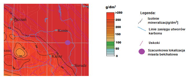 Rysunek 22 Mapa mineralizacji wód w zbiorniku karbońskim w formacji paleozoicznej (fragment) Źródło: Atlas zasobów geotermalnych formacji paleozicznej na Niżu Polskim Mineralizacja w poszczególnych