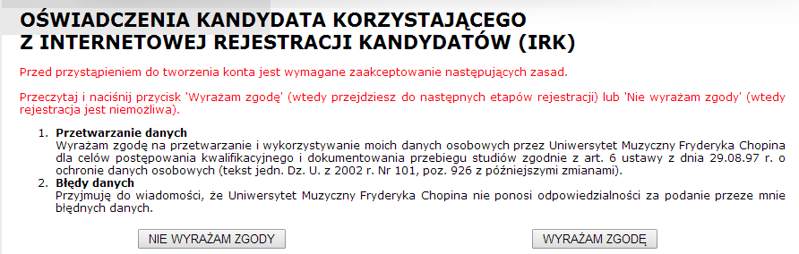 Rejestracja Kandydatów instrukcja http://irk.chopin.edu.