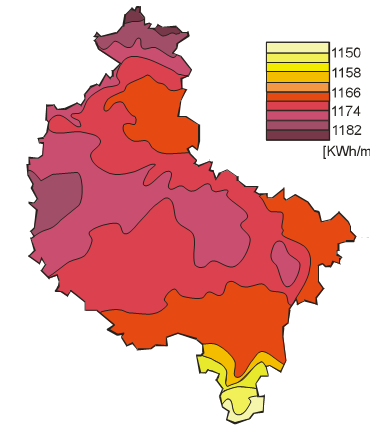 Zróżnicowanie to jest niewielkie, nie przekracza 3%, przy czym na większości obszaru wynosi ok. 1170 kwh/rok/m 2.