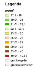 Rysunek 2. Rozkład stężeń średniorocznych pyłu PM10 w strefie wielkopolskiej z uwzględnieniem miasta Kościana. (Źródło: Program Ochrony Powietrza dla Strefy Wielkopolskiej).