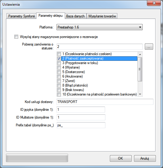 obydwa pola mają wartość 1 oraz prefiks tabel Prestashop (domyślnie ps_).