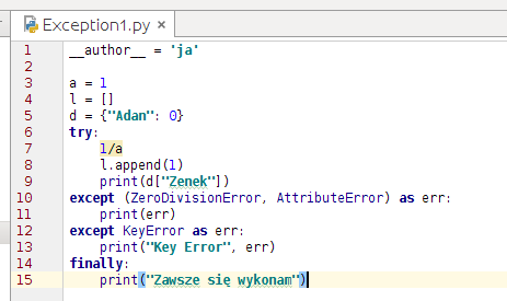 Wyjątki Labolatiorium Python jest językiem programowania wysokiego poziomu. Wszystkie problemowe sytuacje obsługujemy przez wyjątki.