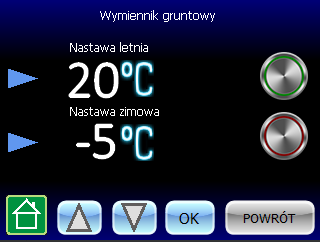 W celu wysterowania ustawiamy na wyświetlaczu pożądaną temperaturę powietrza wyciąganego z pomieszczeń do i aktywujemy funkcję żółtym przyciskiem.