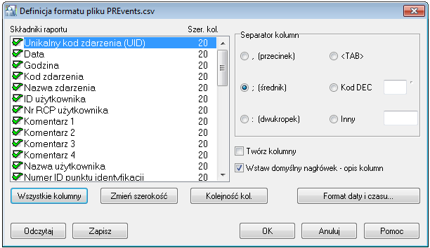 Rysunek 3.136. Definiowanie formatu pliku PREvents.csv 