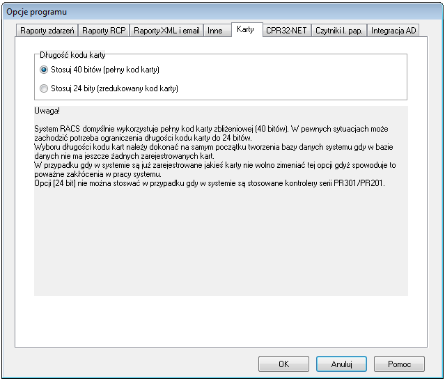 Rysunek 3.144. Opcje rozmiaru kodu karty Należy pamiętać, aby opcję długości rozmiaru karty wybrać na początku tworzenia bazy danych, jeszcze przed zarejestrowaniem jakiejkolwiek karty.