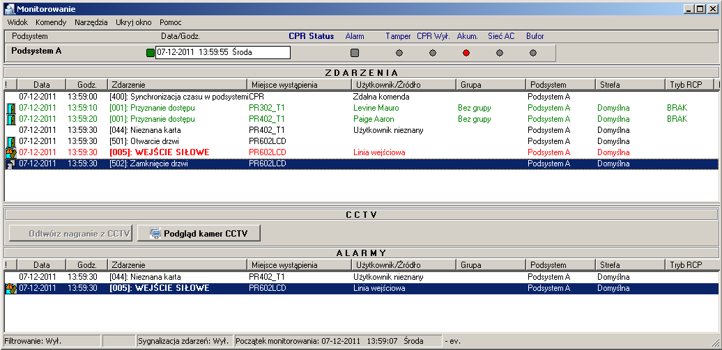 ROZDZIAŁ 4. MONITOROWANIE Monitorowanie jest specjalnym trybem pracy programu PR Master, w którym zdarzenia rejestrowane w systemie RACS 4 są na bieżąco wyświetlane w dedykowanym oknie.