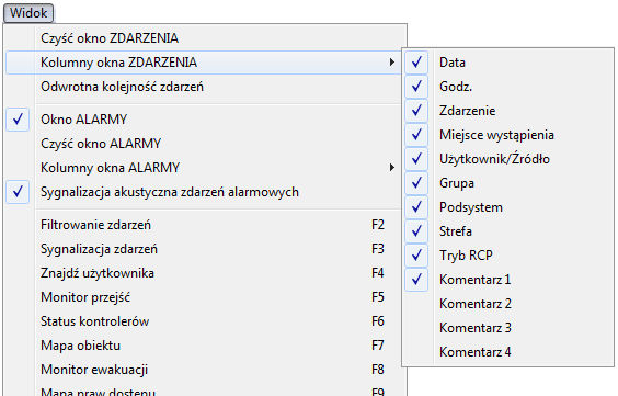 Rysunek 4.3. Wybór kolumn do wyświetlenia w oknie ZDARZENIA 4.1.3. Polecenie Odwrotna kolejność zdarzeń Standardowo zdarzenia w oknie Monitorowanie wyświetlają się w porządku od najstarszych do najnowszych tzn.