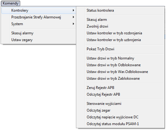 4.2. MENU KOMENDY Menu Komendy pokazano na rysunku 4.15. Rysunek 4.15. Menu Komendy 4.2.1. Podmenu Kontrolery Podmenu Kontrolery zawiera listę komend dostępnych do wykonania dla wskazanego kontrolera.