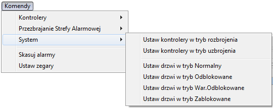 Rysunek 4.19. Okno wyboru strefy alarmowej do wykonania komendy 4.2.3. Podmenu System Podmenu System zawiera listę komend dotyczących całego systemu. Przedstawiono je na rysunku 4.20.