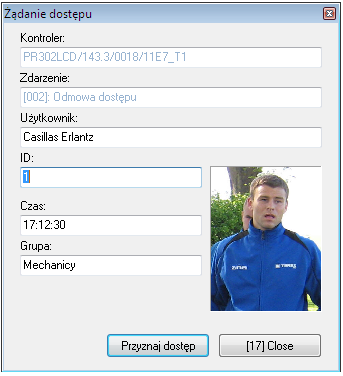 Rysunek 4.27. Dostęp na żądanie W oknie wyświetlają się informacje na temat kontrolera, zdarzenia oraz dane użytkownika żądającego dostępu.