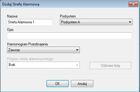 Rysunek 3.70. Dodawanie nowej strefy alarmowej Po zdefiniowaniu strefy alarmowej, lista kontrolerów, które do niej należą jest pusta.