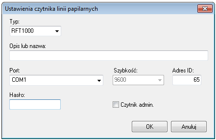 Należy w nim wybrać typ czytnika (pole Typ), podać nazwę czytnika linii papilarnych (pole Opis lub nazwa), określić port, za pośrednictwem którego czytnik jest podłączony do systemu (pole Port) i