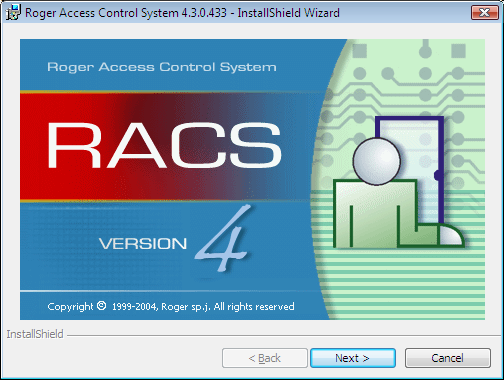 Rysunek 1.2. Kreator instalacji systemu RACS 4 krok 1 W tym oknie klikamy Next. Wyświetli się kolejne okno kreatora ekran powitalny z informacją o prawach autorskich.