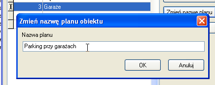 Nazwa planu klikamy przycisk OK. Spowoduje to dodanie planu do kartoteki dostępnych planów na pierwszej wolnej pozycji (rysunek 3.85). Rysunek 3.85. Nowy plan Parter pojawił się na pozycji nr 4 3.2.