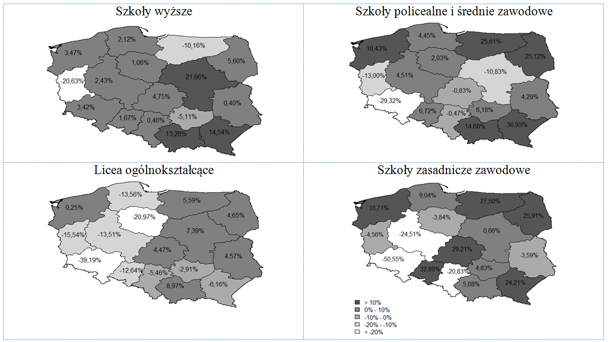 ys. 1. Tempa zman lczby pacujących absolentó podejmujących peszą pacę ojeództach Polsk 2011. poónanu z 2009.
