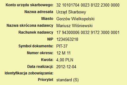 3.11. Przelew do US Po wybraniu opcji wyświetlony zostanie formularz zlecenia do Urzędu Skarbowego.