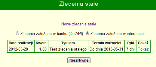 3.15. Zlecenia stałe Po zalogowaniu się do banku internetowego należy z menu wybrać opcję. Na ekranie wyświetlona zostanie lista zleceń stałych.