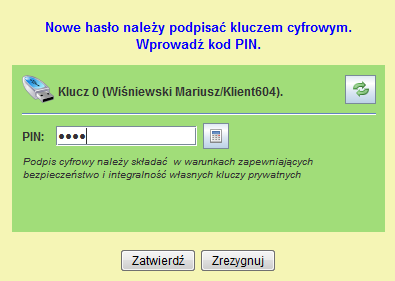 Jeżeli klucz nie pojawił się, należy po włożeniu klucza kliknąć klawisz. Gdy pojawi się klucz należy w polu otrzymanej w banku, a następnie wcisnąć przycik.