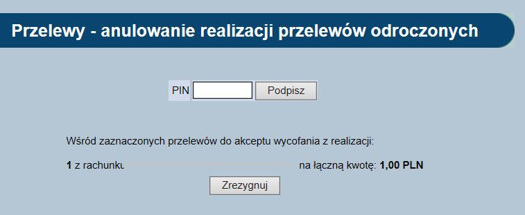 Przelew z datą przyszłą po akceptacji i przekazaniu do realizacji otrzyma status przelewu zgodnie z podaną datą status przelewu zmieni się na Zrealizowany. Aktywny. Po realizacji 10.