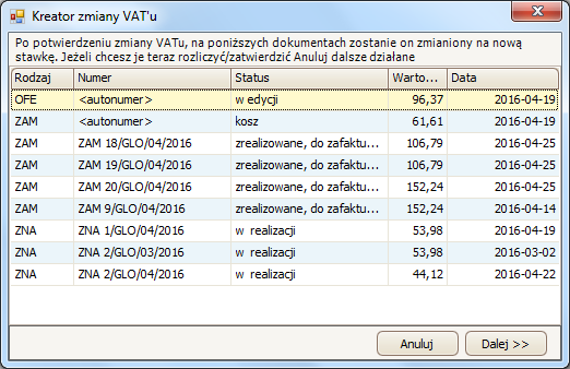 Cały proces zmiany VAT u należy potwierdzić przyciskiem Aby wycofać edycję należy kliknąć