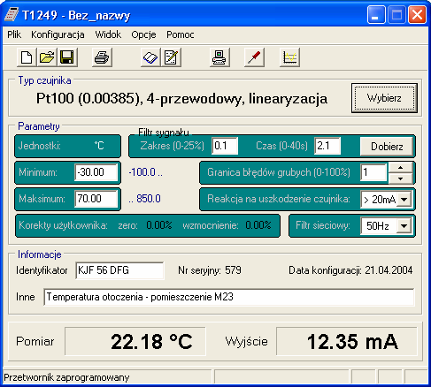 opcją jest Wykres mierzonej temperatury z możliwością porównania poziomu szumów i nastawionych progów filtru cyfrowego oraz zapisu wyników do pliku.