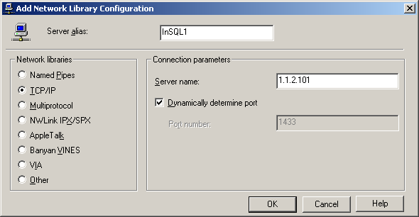 Gdy zostanie wybrany protokół TCP/IP w polu Connection parameters naleŝy zdefiniować: Server Name nazwę komputera lub adres IP komputera, na którym zainstalowany jest serwer IndustrialSQL.