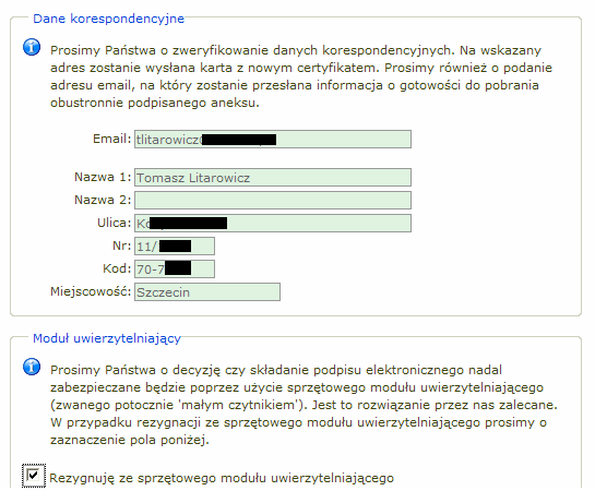 Po powrocie na stronę z podpisanym juŝ Aneksem do umowy, naciśnij przycisk DALEJ. W kolejnym kroku zweryfikuj dane korespondencyjne oraz popraw je jeŝeli uległy zmianie.